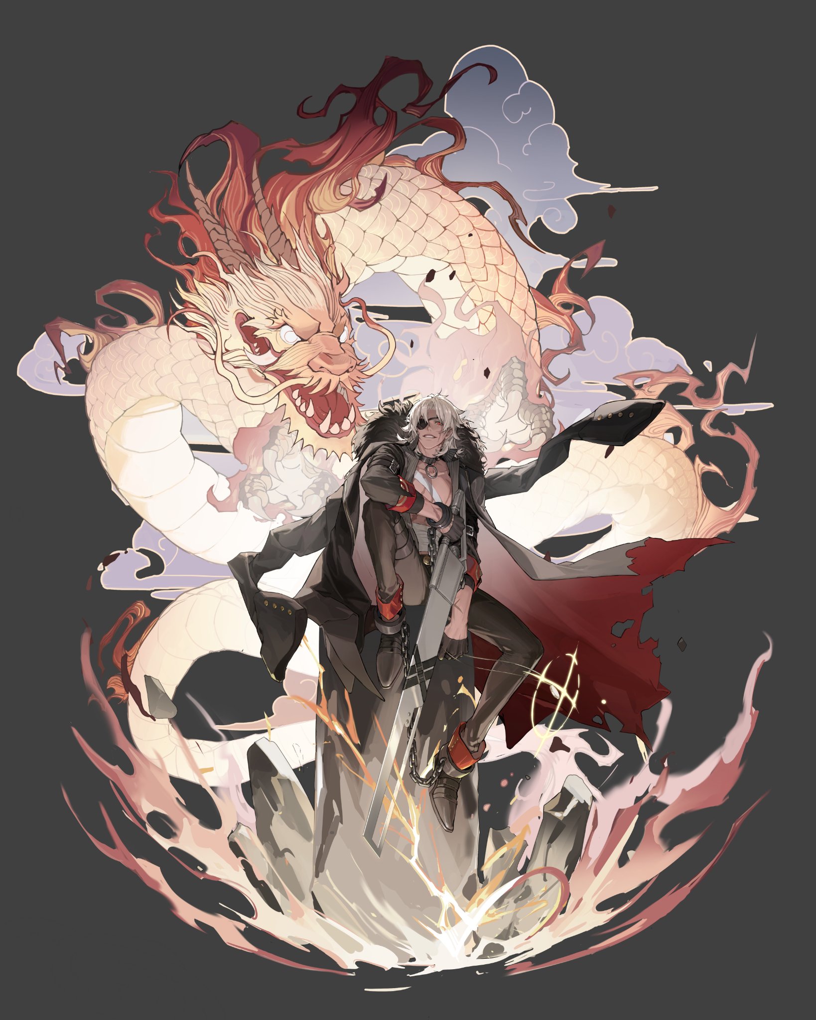 1boy alchemy_stars bandages belt black_coat black_gloves black_pants black_shoes chain coat coat_on_shoulders collar collarbone commentary cuffs dark-skinned_male dark_skin dragon eastern_dragon eyepatch full_body fur-trimmed_coat fur_trim ghost_hobby22 glint gloves grey_background grey_hair grey_shirt grin half_gloves highres holding holding_jewelry holding_necklace holding_sword holding_weapon jewelry loafers long_sleeves looking_at_viewer male_focus medium_hair necklace open_clothes open_shirt pants popped_collar red_eyes scar scar_across_eye scar_on_arm scar_on_chest scar_on_face shackles shirt shoes simple_background sitting smile solo striped_clothes striped_shirt sword taki_(alchemy_stars) thigh_strap weapon