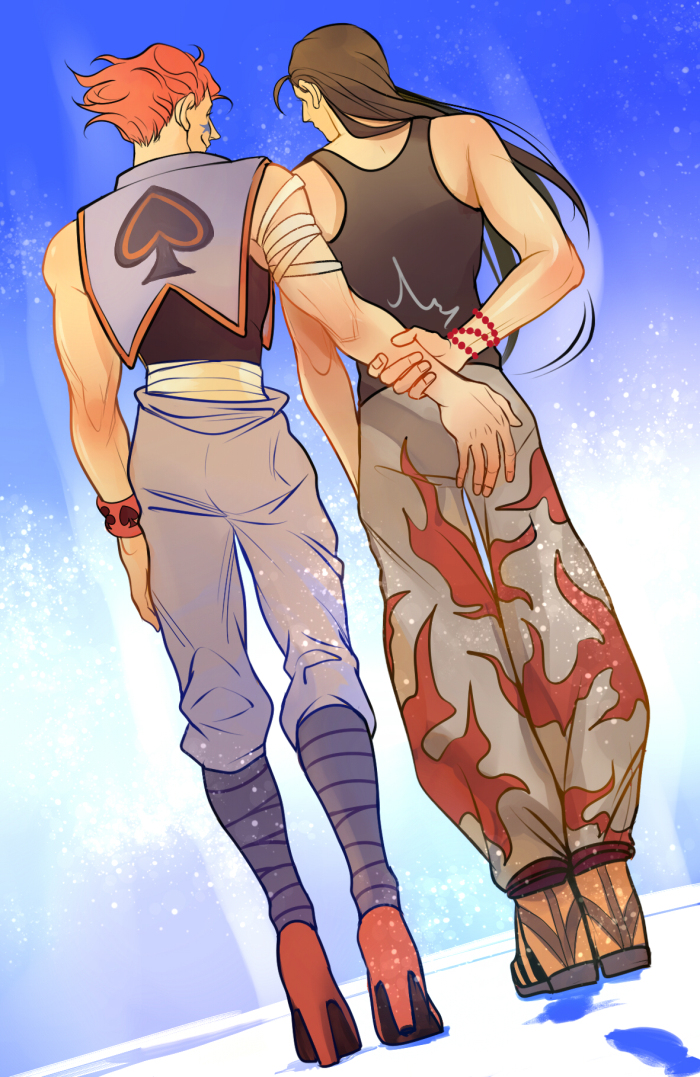 2boys bandaged_arm bandaged_leg bandaged_waist bandages black_hair black_shirt blue_background bracelet crop_top facepaint flame_print full_body grabbing_another&#039;s_arm high_heels hisoka_morow hunter_x_hunter illumi_zoldyck jewelry kilva_lollop long_hair multiple_boys orange_hair pants sandals shirt sleeveless sleeveless_shirt white_pants yaoi