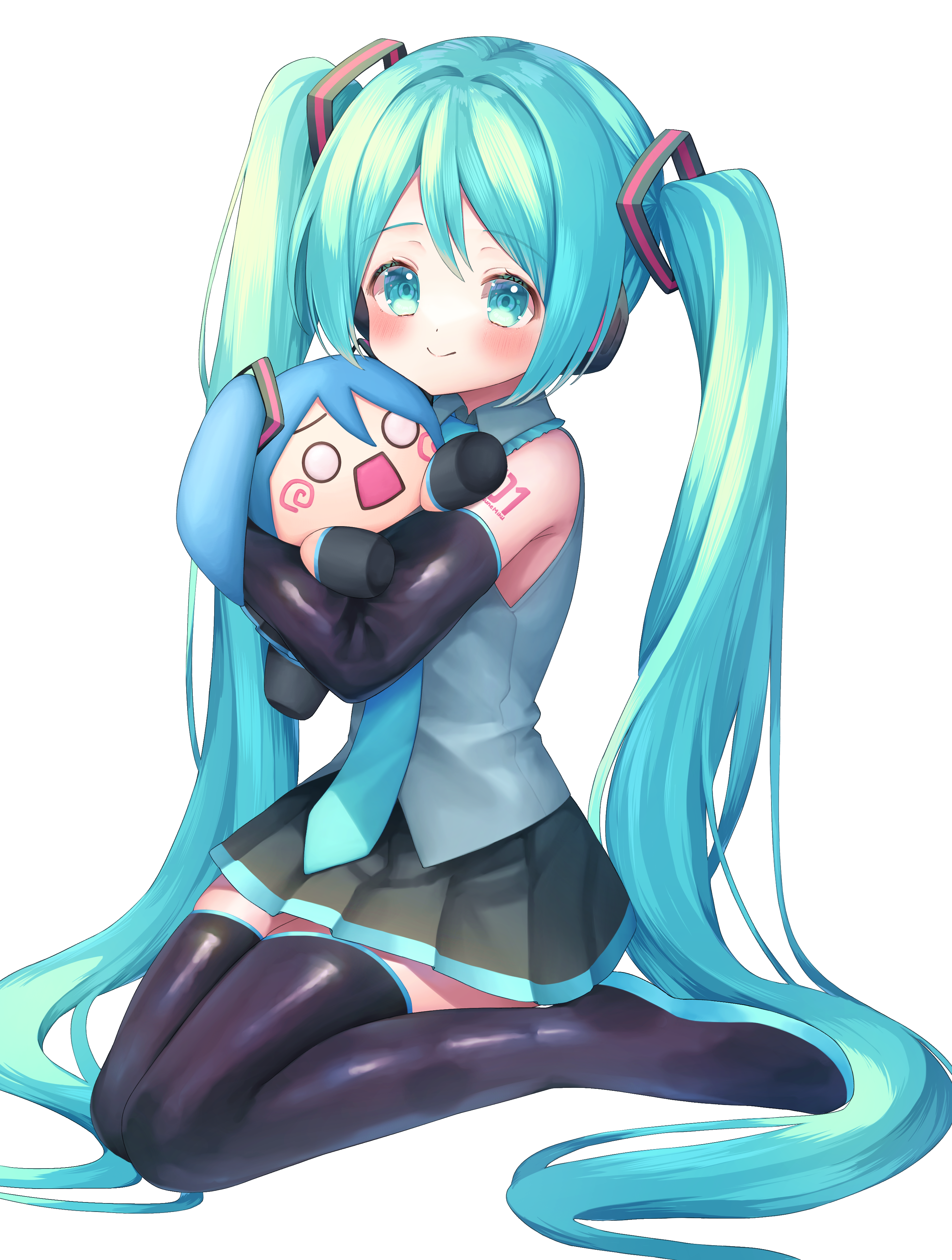 1girl absurdres aqua_eyes aqua_hair black_boots black_skirt black_sleeves blue_necktie boots detached_sleeves erunoto grey_shirt hachune_miku hair_ornament hatsune_miku headphones highres holding holding_stuffed_toy long_hair miku_day necktie number_tattoo pleated_skirt shirt simple_background sitting skirt sleeveless sleeveless_shirt smile stuffed_toy tattoo thigh_boots twintails very_long_hair vocaloid white_background