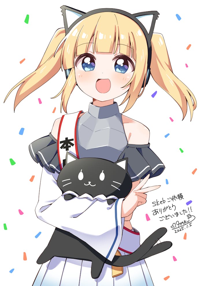 1girl :d animal_ear_headphones animal_ears bare_shoulders blonde_hair blue_eyes blunt_bangs blush cat_ear_headphones commentary_request commission confetti cowboy_shot dated dot_nose fake_animal_ears grey_shirt haru_(konomi_150) headphones indie_virtual_youtuber long_sleeves looking_at_viewer luchina_(vtuber) open_mouth pleated_skirt shirt short_hair signature simple_background skeb_commission skirt smile solo stuffed_animal stuffed_cat stuffed_toy turtleneck turtleneck_shirt twintails v virtual_youtuber white_background white_skirt wide_sleeves