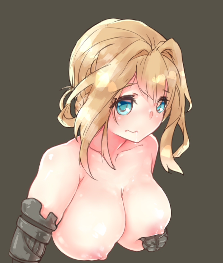 1girl blonde_hair blue_eyes breasts brown_background cathayan chinese_commentary closed_mouth collarbone commentary_request covering_one_breast covering_privates cropped_torso large_breasts nipples nude prosthesis prosthetic_arm sidelocks simple_background solo violet_evergarden violet_evergarden_(series) wavy_mouth