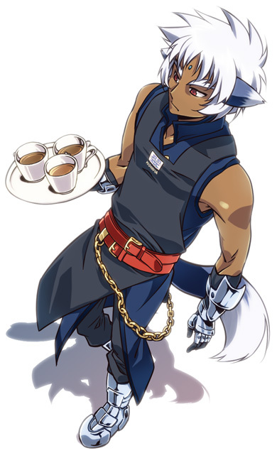 1boy animal_ears armored_boots belt black_pants blue_shirt boots chain coffee_mug commentary_request cup dark_skin dark-skinned_male forehead_jewel from_above full_body gauntlets holding holding_tray lyrical_nanoha male_focus mug pants red_eyes shadow shirt simple_background sleeveless sleeveless_shirt solo tray tsuchinoko_(muni_muni) waiter white_background white_hair wolf_ears wolf_tail zafira