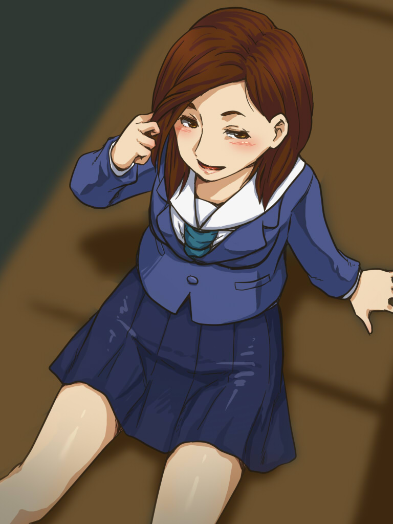 1girl awa blazer blush breasts brown_eyes brown_hair eizouken_ni_wa_te_wo_dasu_na! jacket legs looking_at_viewer mizusaki_tsubame necktie open_mouth school_uniform short_hair skirt smile solo