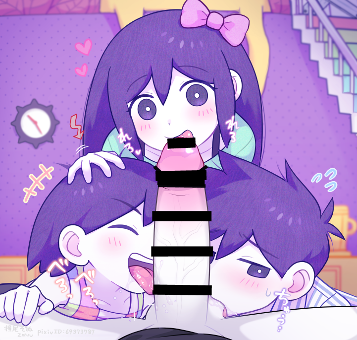 1girl 3boys :p aubrey_(headspace)_(omori) aubrey_(omori) bar_censor bisexual_male black_shirt bow bright_pupils censored checkered_clothes clock closed_eyes colored_skin cooperative_fellatio erection fellatio flying_sweatdrops hair_between_eyes hair_bow heart hero_(headspace)_(omori) hero_(omori) kel_(headspace)_(omori) kel_(omori) licking licking_penis loli long_hair mixed_harem multiple_boys omori omori_(omori) oral pajamas penis pink_bow pov purple_eyes purple_hair shirt short_hair shota sidelocks sleeveless sleeveless_shirt smile stairs striped_clothes striped_pajamas teamwork_(sexual) testicle_sucking testicles tongue tongue_out vertical-striped_clothes vertical-striped_pajamas wall_clock white_pupils white_skin zonu_the_zombie