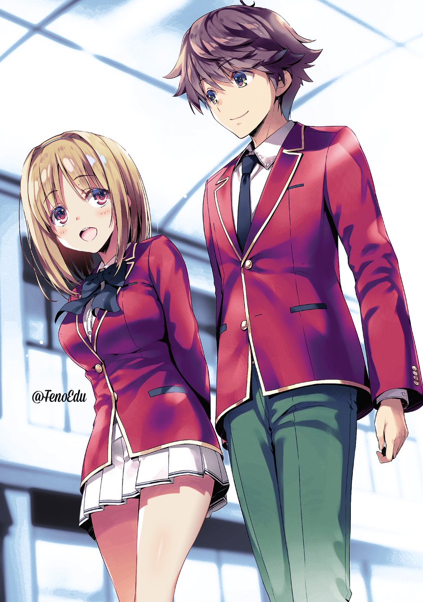 1boy 1girl black_ribbon blonde_hair blue_pants blush brown_hair closed_mouth green_eyes highres jacket kushida_kikyou long_hair looking_at_another messy_hair miniskirt open_mouth pants red_eyes red_jacket ribbon school school_uniform shirt skirt smile tagme tenoedu walking white_shirt white_skirt yagami_takuya youkoso_jitsuryoku_shijou_shugi_no_kyoushitsu_e