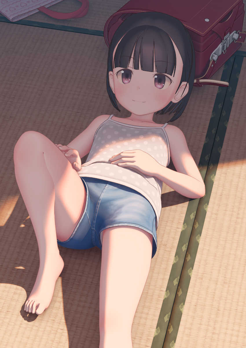 1girl 3d backpack bag barefoot black_hair brown_eyes camisole child custom_udon denim denim_shorts female_focus hand_on_own_stomach hand_on_own_thigh highres leg_up legs lying on_back on_floor original randoseru short_hair short_shorts shorts smile solo toes unworn_backpack unworn_bag