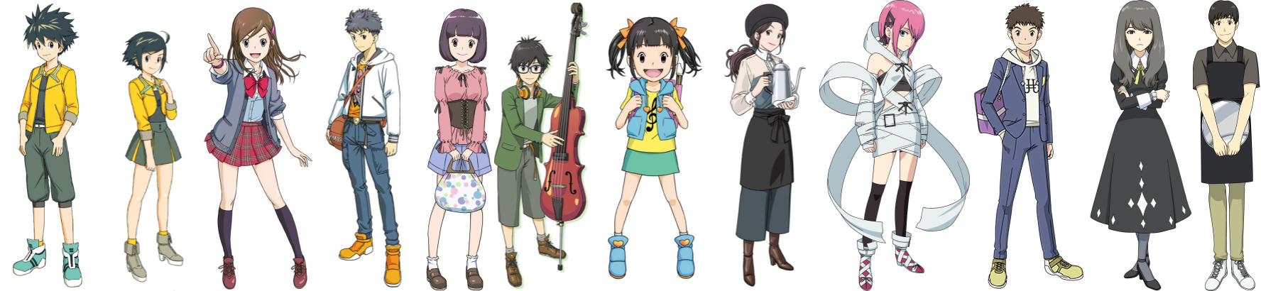 black_hair digimon digimon_rearise female_protagonist_(digimon_rearise) futami_eiji headphones highres hiiragi_takumi kohinata_mayu male_protagonist_(digimon_rearise) mon_(digimon_rearise) musical_note natsuyagi_kazuma official_art ribbon shinjo_michi shinkai_sara smile tamada_keito tamada_nozomi tsukimori_chihiro