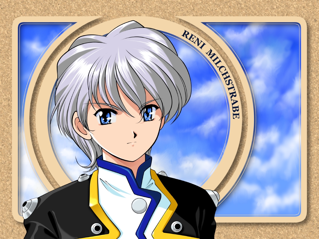1girl abstract_background aqua_eyes black_outline blue_sky blue_trim border brown_border buttons character_name closed_mouth cloud cloudy_sky collar english_text grey_hair light_frown looking_at_viewer medium_hair non-web_source official_art official_wallpaper outline outside_border parted_lips portrait reni_milchstrasse sakura_taisen sega simple_background sky solo straight_hair white_collar yamaguchi_yasushi yellow_trim