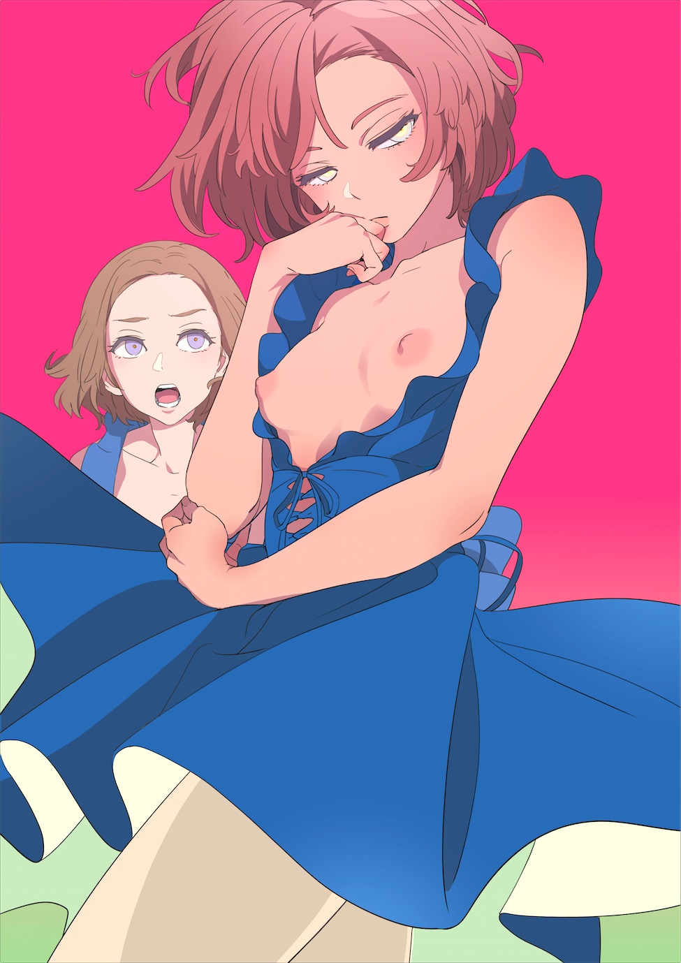 2girls blue_dress breasts breasts_out brown_hair closed_mouth commentary_request dress frilled_dress frills half-closed_eyes hand_to_own_mouth highres mebae multiple_girls nipples no_bra open_mouth original pantyhose pink_background purple_eyes red_eyes short_hair small_breasts teeth white_legwear yellow_eyes