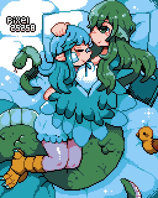 2girls artist_name bed bird_legs blue_feathers blue_hair blue_wings closed_eyes commentary_request facial_mark feathers green_eyes green_hair harpy headpat hug lamia monster_girl multiple_girls original pillow pixel25251 pixel_art pointy_ears sleeping smile stuffed_animal stuffed_bird stuffed_snake stuffed_toy talons wings
