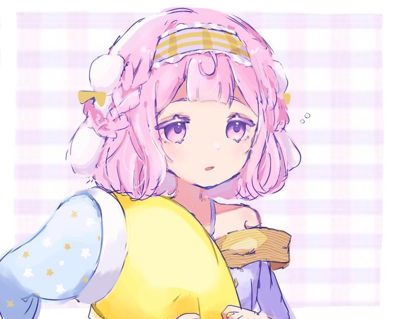 1girl blush braid dress hairband long_sleeves madoro_nil magia_record:_mahou_shoujo_madoka_magica_gaiden magical_girl mahou_shoujo_madoka_magica open_mouth pillow pink_eyes pink_hair short_hair solo upper_body yura_hotaru