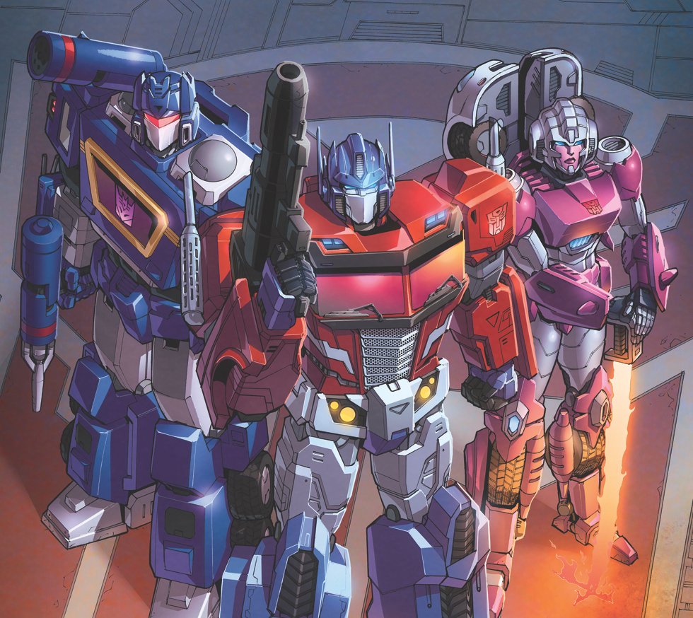 1girl 2boys arcee assault_visor autobot blue_eyes casey_w._coller clenched_hand comic_cover commentary cropped decepticon energy_sword english_commentary glowing glowing_eyes gun holding holding_gun holding_sword holding_weapon joana_lafuente looking_up mecha multiple_boys no_humans optimus_prime robot science_fiction soundwave_(transformers) standing sword the_transformers_(idw) transformers visor weapon