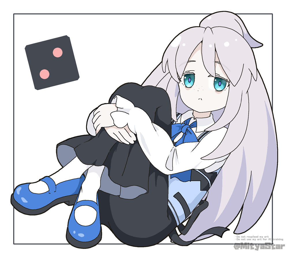 1girl :&lt; black_skirt blue_eyes blue_shoes blue_vest closed_mouth collared_shirt commentary_request cosplay crossed_legs deux_murasame dice employee_uniform english_text full_body gochuumon_wa_usagi_desu_ka? grey_hair gundam gundam_gquuuuuux hugging_own_legs kafuu_chino kafuu_chino_(cosplay) knees_up long_hair long_sleeves mitya pale_skin pantyhose puffy_long_sleeves puffy_sleeves rabbit_house_uniform shirt shoes skirt sleeves_past_wrists solo twitter_username very_long_hair vest watermark white_background white_pantyhose white_shirt