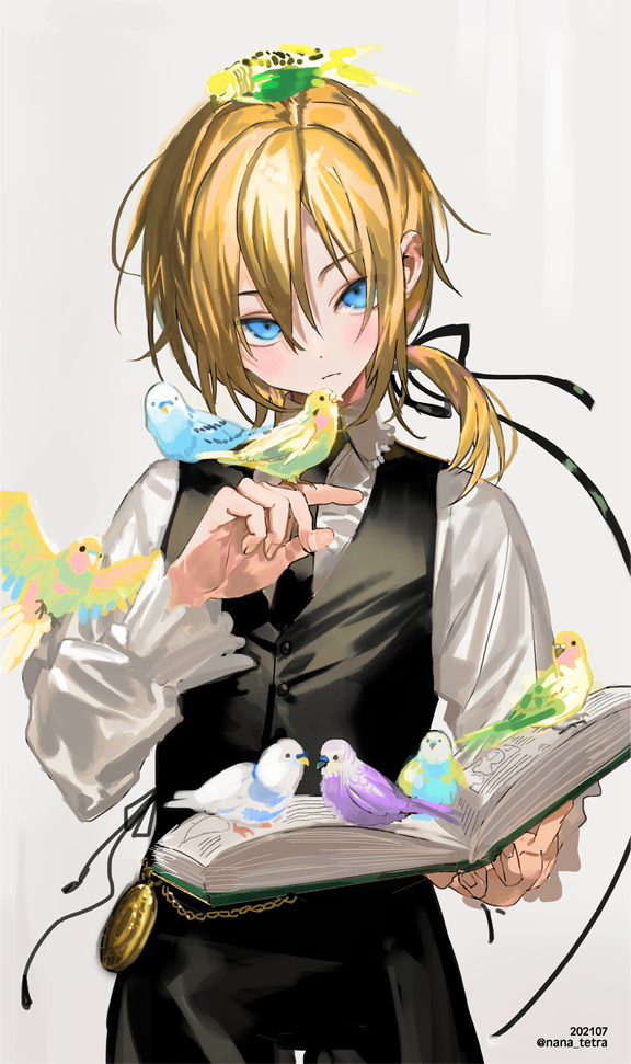 1boy androgynous animal animal_on_arm animal_on_head animal_on_shoulder bird bird_on_arm bird_on_book bird_on_hand bird_on_head bird_on_shoulder black_necktie black_pants black_vest blonde_hair blue_eyes blush book closed_mouth commentary_request cowboy_shot frilled_cuffs hair_between_eyes hair_ribbon holding holding_book looking_at_viewer male_focus medium_hair nana_tetra necktie on_head open_book original pants pocket_watch ribbon shirt side_ponytail simple_background solo too_many too_many_birds twitter_username vest watch white_background white_shirt