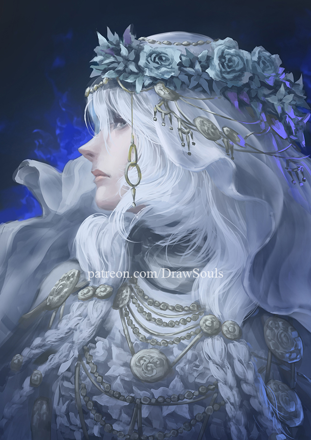 1girl blue_background braid closed_mouth commentary draw_souls elden_ring elden_ring_nightreign english_commentary flower_wreath grey_eyes head_wreath jewelry long_hair multiple_braids patreon_username revenant_(elden_ring) solo upper_body wavy_hair white_hair