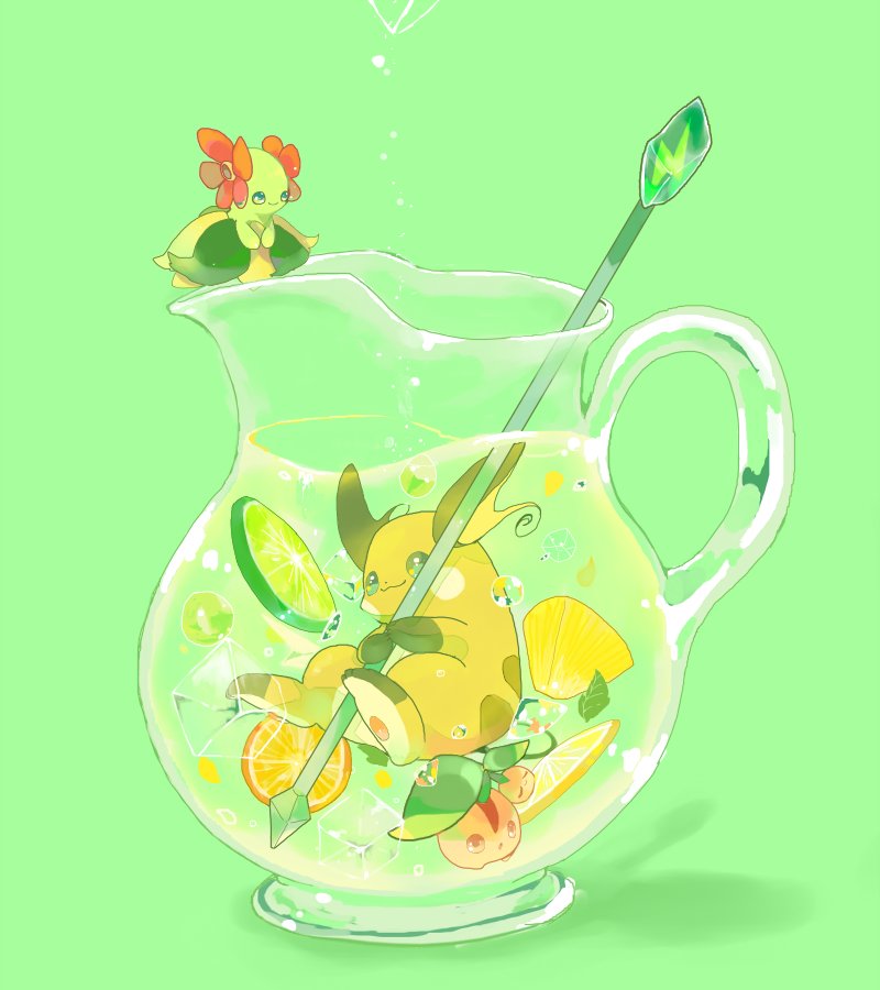 1girl :3 animal_focus animal_hands bellossom bubble cherubi colored_sclera colored_skin evolution_stone evolutionary_stone flower food fruit game_freak gen_1_pokemon gen_2_pokemon gen_4_pokemon green_background green_eyes green_skin ice ice_cube in_water lemon lemon_slice lime_(fruit) lime_slice looking_at_another looking_at_viewer monster_girl nintendo orange_(fruit) orange_fur orange_slice pawpads pineapple pineapple_slice pitcher_(container) plant_girl pokemon pokemon_(creature) raichu red_flower simple_background sukinadake thunder_stone yellow_fur