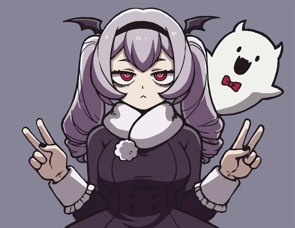 1girl bat_wings black_nails boku_no_hero_academia bow bowtie coat double_v ghost headband looking_at_viewer monotsuki non-web_source original purple_hair red_eyes scarf twintails v wings