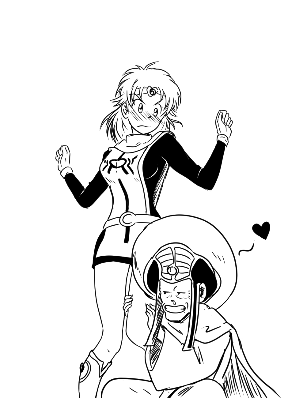 1boy 1girl age_difference annoyed blush breasts dragon_quest dragon_quest_dai_no_daibouken grin heart highres leg_grab legs maam matoriv_(dai_no_daibouken) monochrome naughty_face old old_man pervert skirt smile spoken_heart square_enix tagme tiara