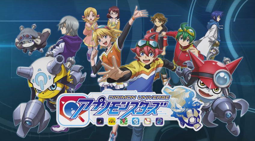 blue_eyes digimon digimon_universe:_appli_monsters fang goggles goggles_on_head hat helmet horns itsuki_(digimon) kazuki_(digimon) makoto_(appmon) mio_(digimon) naoto_(digimon) official_art offmon onmon ouji_(digimon) shinkai_haru smile yellow_eyes yukari_(digimon)