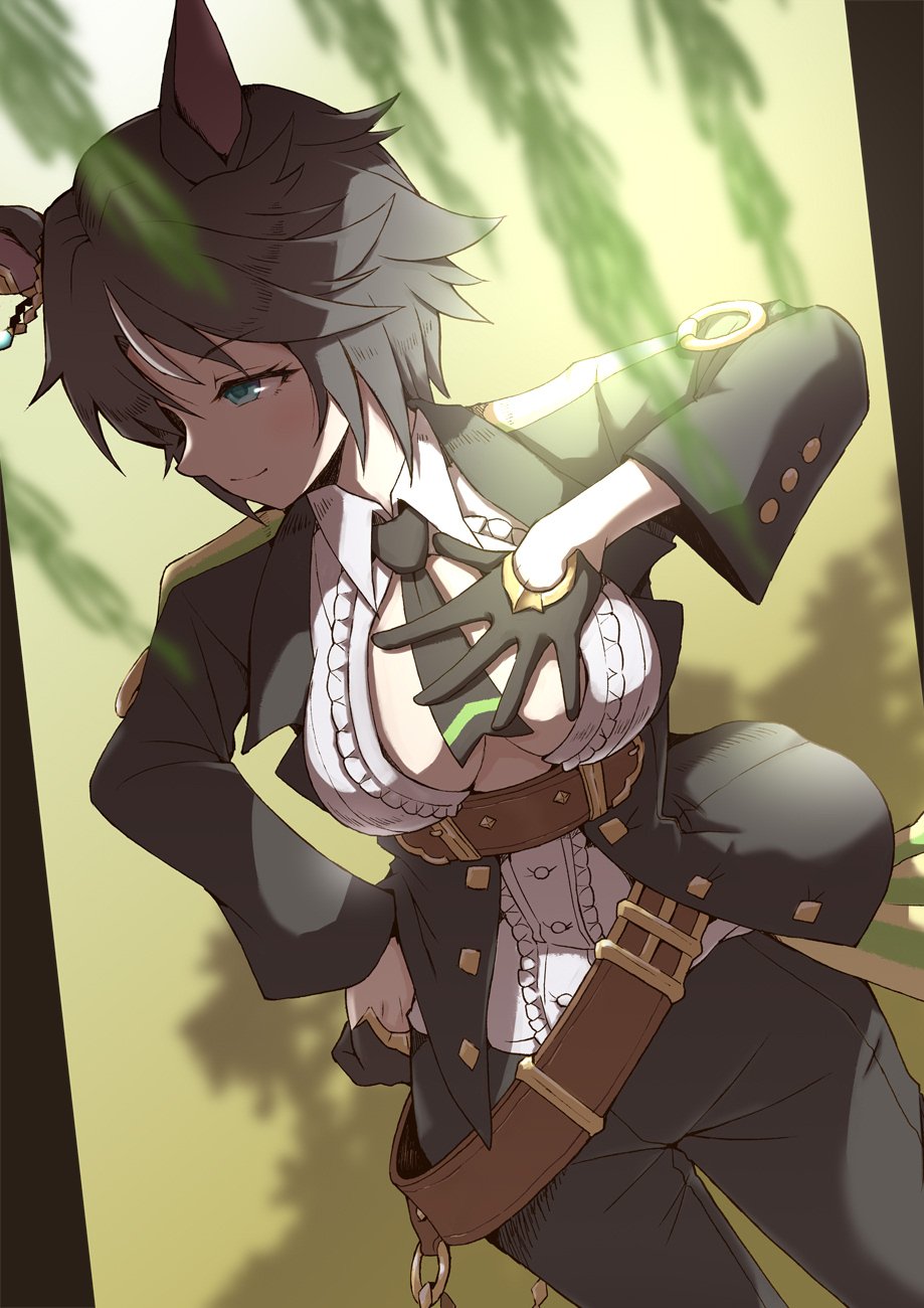 1girl animal_ears aqua_eyes belt black_gloves black_hair black_jacket black_necktie black_pants breasts breasts_apart center_frills center_opening closed_mouth collared_shirt cowboy_shot dutch_angle frills fuji_kiseki_(umamusume) gloves half_gloves hand_on_own_chest hand_on_own_hip highres horse_ears jacket long_sleeves looking_to_the_side multicolored_hair necktie open_clothes open_jacket pants satomura_kyou shirt short_hair short_necktie smile solo standing streaked_hair umamusume white_shirt