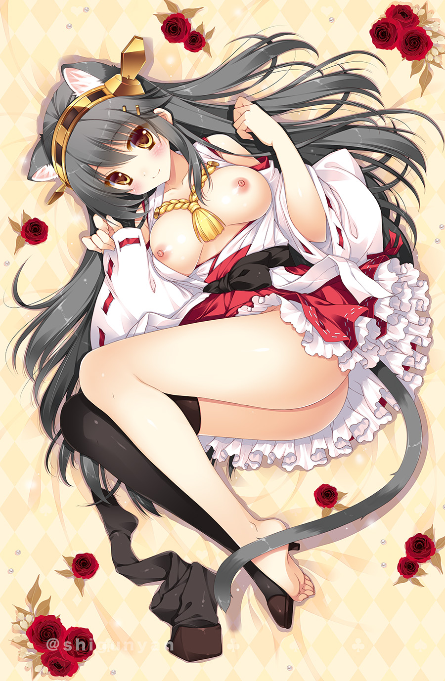 1girl animal_ear_fluff animal_ears ass barefoot boots unworn_boots breasts breasts_out brown_eyes cat_ears cat_tail detached_sleeves flower unworn_footwear frilled_skirt frills full_body grey_hair hair_ornament hairclip haruna_(kancolle) headgear highres inverted_nipples kantai_collection large_breasts long_hair looking_at_viewer lying nipples nontraditional_miko on_back red_skirt ribbon-trimmed_sleeves ribbon_trim rose shigunyan shoes single_boot single_shoe skirt smile solo tail twitter_username