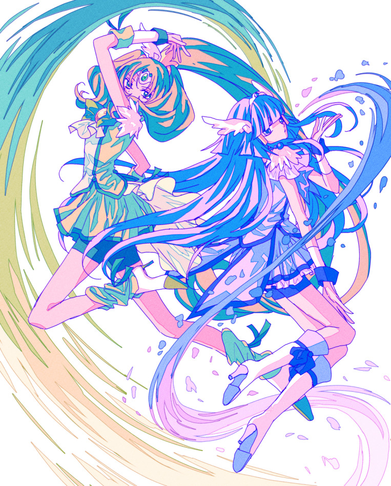 2girls absurdly_long_hair ankle_socks aoki_reika ascot blue_bow blue_eyes blue_hair blue_shirt blue_shorts blue_skirt blue_wrist_cuffs blunt_bangs boots bow bowtie brooch circlet coattails covered_mouth crown cure_beauty cure_march feather_sleeves floating floating_hair footwear_bow frilled_skirt frills full_body gold_crown green_bow green_bowtie green_eyes green_hair green_ribbon green_shirt green_shorts green_skirt green_socks green_wrist_cuffs hair_ornament hair_tubes hand_on_own_thigh hand_up high_heel_boots high_heels high_ponytail jewelry knee_boots long_hair long_sidelocks looking_at_viewer loose_socks magical_girl midorikawa_nao miniskirt multiple_girls nachuchoco parted_lips petals pleated_skirt ponytail precure ribbon ribbon_legwear shirt short_sleeves shorts shorts_under_skirt sidelocks skirt skirt_set smile_precure! socks tiara train_(clothing) very_long_hair white_arm_warmers white_ascot white_background white_boots white_sleeves wind wing_hair_ornament wrist_cuffs