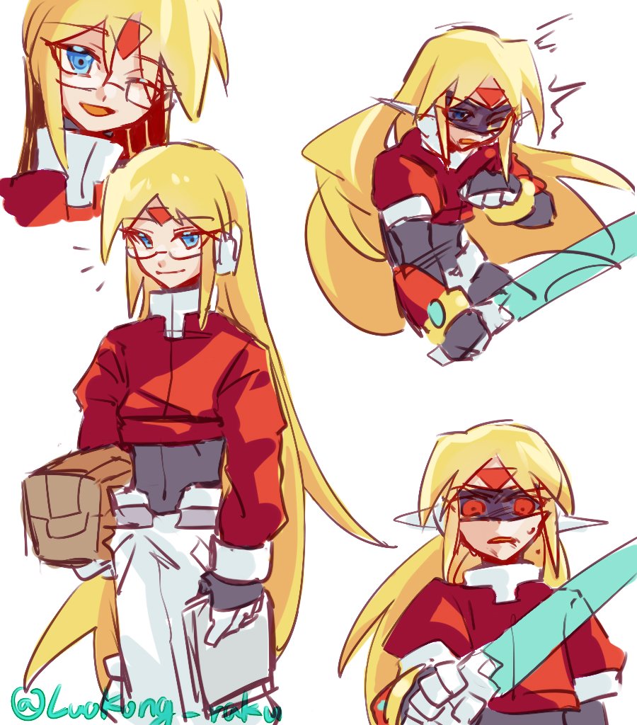 1boy armor assault_visor black_bodysuit blonde_hair blue_eyes bodysuit bodysuit_under_clothes cropped_jacket energy_sword facial_mark forehead_mark girouette_(mega_man) glasses glowing glowing_eyes holding holding_sword holding_weapon long_hair luokong_raku mega_man_(series) mega_man_zx model_z_(mega_man) multiple_views one_eye_closed pants power_armor red_eyes robot_ears semi-rimless_eyewear simple_background sword under-rim_eyewear weapon white_background white_pants