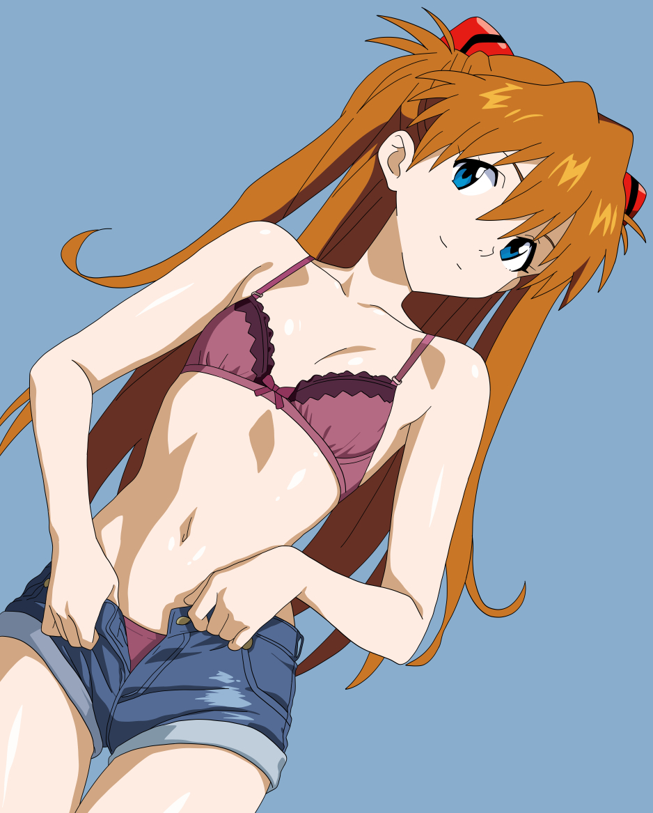 1girl aqua_background bare_arms bare_legs bare_shoulders blue_background blue_eyes bra breasts brown_hair brown_shorts cleavage closed_mouth clothing_aside curvy denim denim_shorts dutch_angle female_focus jaaaan long_hair looking_at_viewer matching_underwear neon_genesis_evangelion open_clothes open_shorts panties panty_peek purple_bra purple_panties shiny_skin short_shorts shorts simple_background small_breasts smile solo souryuu_asuka_langley standing thighs twintails underwear undressing wide_hips
