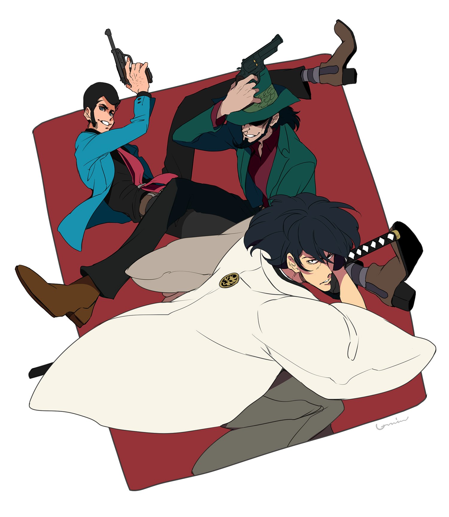 2024 3boys arsene_lupin_iii beard belt belt_buckle black_hair black_pants blue_coat brown_footwear buckle chinstrap_beard coat covered_eyes facial_hair fighting_stance green_coat green_hat gun hand_on_own_hat hat highres holding holding_gun holding_sword holding_weapon ishikawa_goemon_xiii japanese_clothes jigen_daisuke katana kimono lupin_iii male_focus multiple_boys necktie pants red_necktie sideburns signature simple_background smile sword u-min weapon