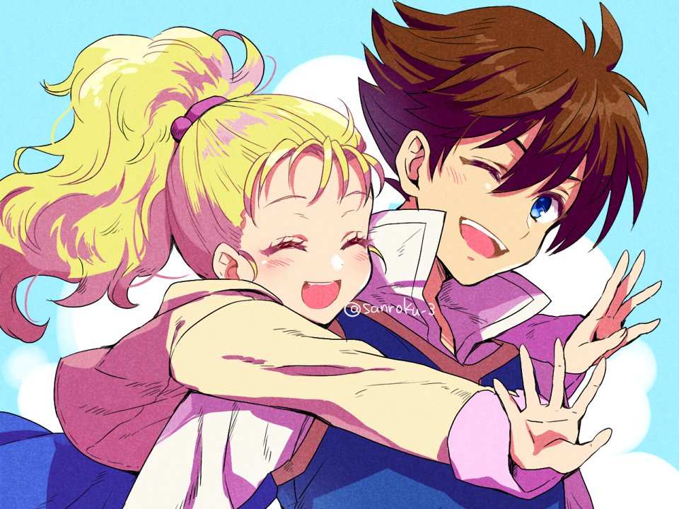 1boy 1girl bartz_klauser blonde_hair blue_background blue_dress blue_vest brown_hair closed_eyes collared_shirt dress final_fantasy final_fantasy_v hair_between_eyes hair_tie hug hug_from_behind jacket krile_mayer_baldesion_(ff5) light_blush long_hair one_eye_closed open_mouth outstretched_arms ponytail popped_collar sanroku_3 shirt short_hair smile twitter_username upper_body vest wavy_hair white_shirt yellow_jacket