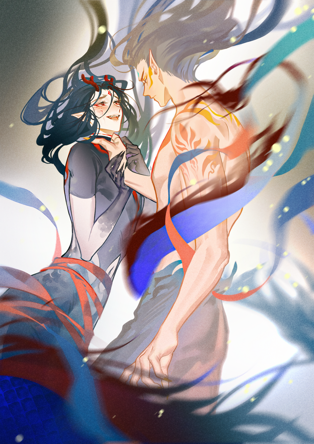2boys ao_bing_(nezha_zhi_motong_jiangshi) black_hair choker dragon_boy eye_contact fangs fingernails floating_hair highres horns long_hair looking_at_another male_focus monster_boy multiple_boys nezha_(nezha_zhi_motong_jiangshi) nezha_zhi_motong_jiangshi open_mouth pointy_ears red_eyes sharp_fingernails smile tattoo topless_male yaoi yinzinmiemie