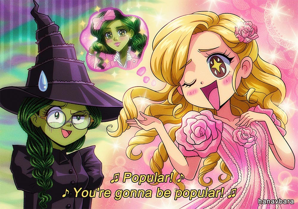 1990s_(style) 2girls artist_name black_dress blonde_hair bow braid dress dress_flower elphaba_thropp flower glasses good_witch_of_the_north hair_bow hair_flower hair_ornament hair_over_shoulder hanavbara hand_on_own_chest hat juliet_sleeves long_hair long_sleeves lyrics multiple_girls one_eye_closed open_mouth pink_bow pink_dress pink_flower pink_rose puffy_sleeves retro_artstyle rose round_eyewear smile speech_bubble subtitled sweatdrop thought_bubble wicked witch_hat