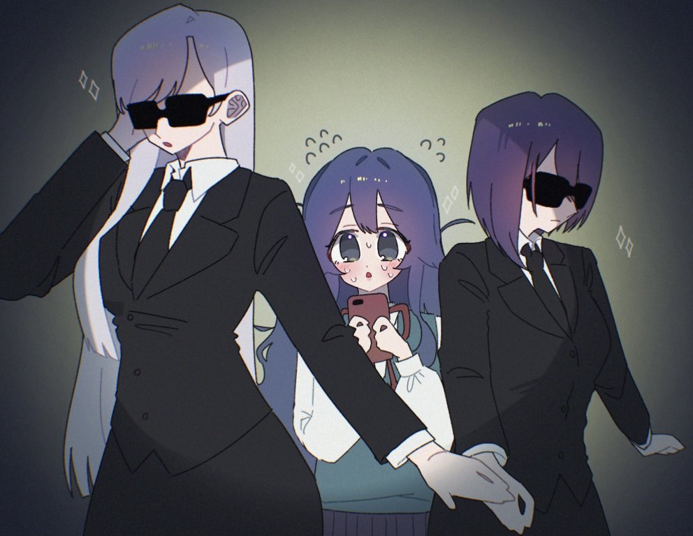 3girls :o alternate_costume black_eyes black_necktie black_suit blue_hair blush bodyguard commentary eiai_nano flying_sweatdrops formal_clothes fuji_yu_016 green_sweater_vest haraga_kurumi holding holding_phone kimi_no_koto_ga_dai_dai_dai_dai_daisuki_na_100-nin_no_kanojo long_hair long_sleeves looking_at_viewer multiple_girls necktie nervous_sweating open_mouth phone purple_hair school_uniform shirt short_hair sparkle suit sunglasses sweat sweater_vest very_long_hair white_hair white_shirt wing_collar yoshimoto_shizuka