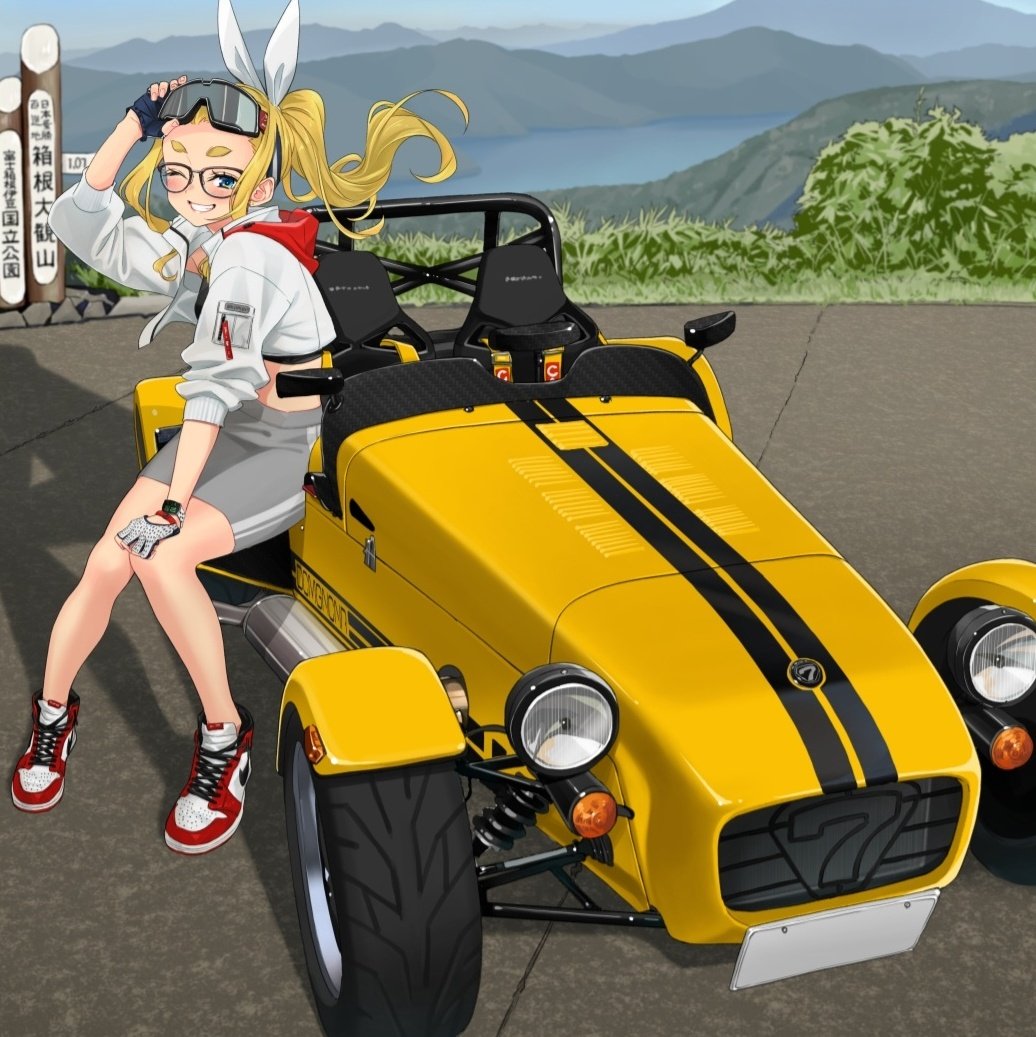 1girl bike_shorts blonde_hair blue_eyes car caterham_7 crop_top dekomegane gloves goggles goggles_on_head grey_shorts jacket lake long_hair looking_at_viewer lotus_(brand) lotus_seven motor_vehicle mountain original outdoors pavement race_vehicle racecar red_shoes sasetsu shoes shorts side_ponytail sitting sky smile solo vehicle_focus vehicle_request white_jacket