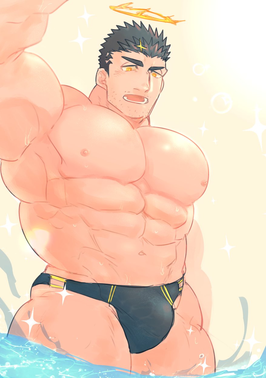 1boy abs bara black_hair black_male_swimwear bulge facial_hair feet_out_of_frame fire flaming_halo from_below halo highres large_pectorals looking_at_viewer male_focus male_swimwear mature_male muscular muscular_male navel pectorals po_fu short_hair solo sparkle_background stubble swim_briefs thick_eyebrows tokyo_houkago_summoners topless_male wading wet zabaniyya_(fashionista_swimsuit)_(housamo) zabaniyya_(housamo)