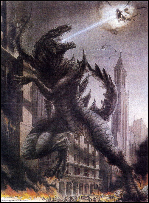 aircraft atomic_breath breath_weapon ch-47_chinook city concept_art crowd destruction energy energy_beam explosion fire giant giant_monster godzilla godzilla_(series) godzilla_the_series helicopter kaiju military monster mouth_beam official_art panicking patrick_tatopoulos plasma plasma_beam running smoke spikes tail tristar_pictures war zilla