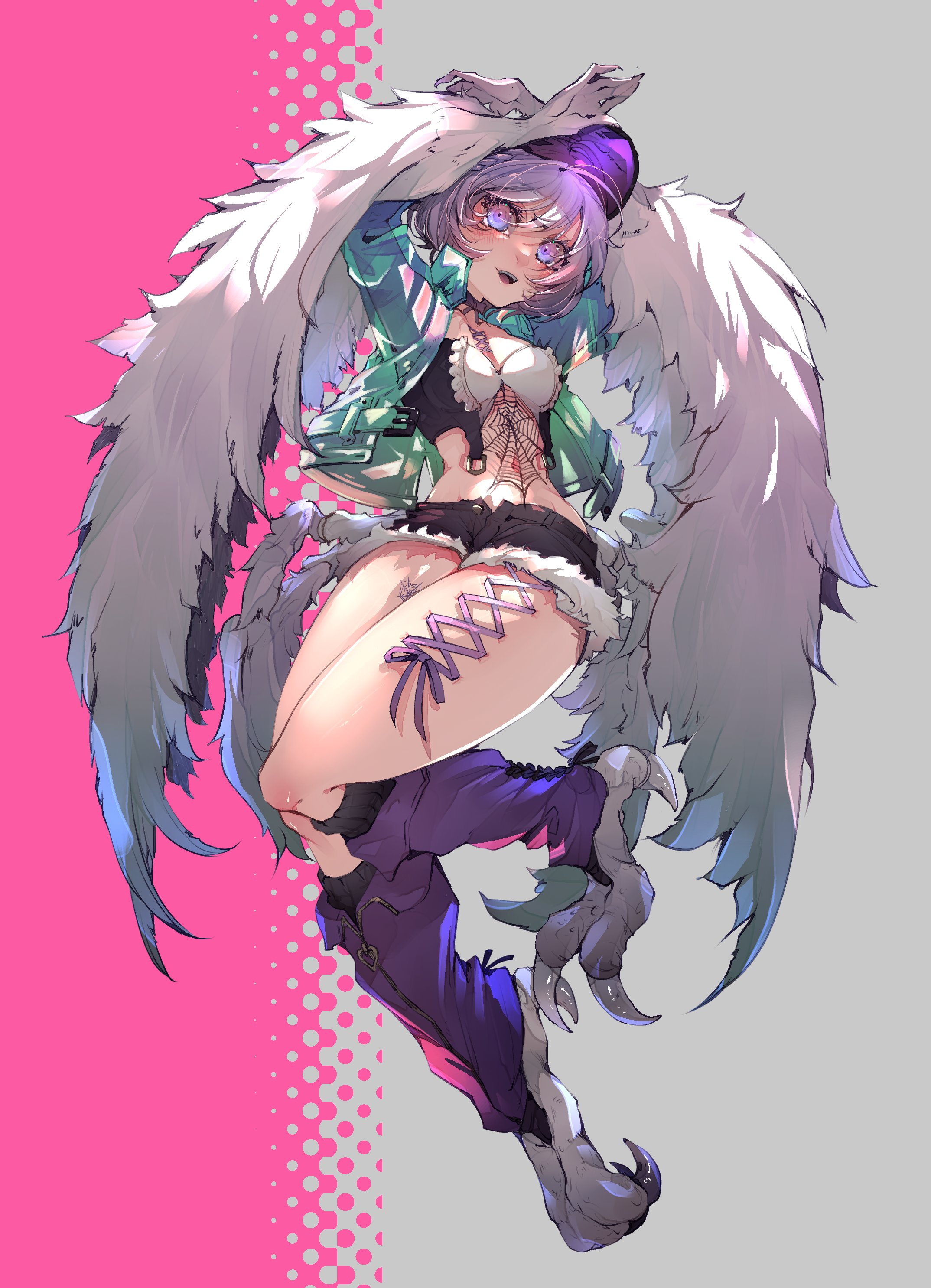 1girl absurdres amiya_aranha black_shorts blush bucko_(amiya_aranha) commentary commission corset_piercing english_commentary green_jacket harpy hat head_tilt highres indie_virtual_youtuber jacket leg_warmers looking_at_viewer midair monster_girl monsterification open_mouth purple_hair purple_leg_warmers purple_ribbon ribbon second-party_source short_hair short_shorts shorts silk skeb_commission smile snuq solo spider_web talons virtual_youtuber winged_arms wings