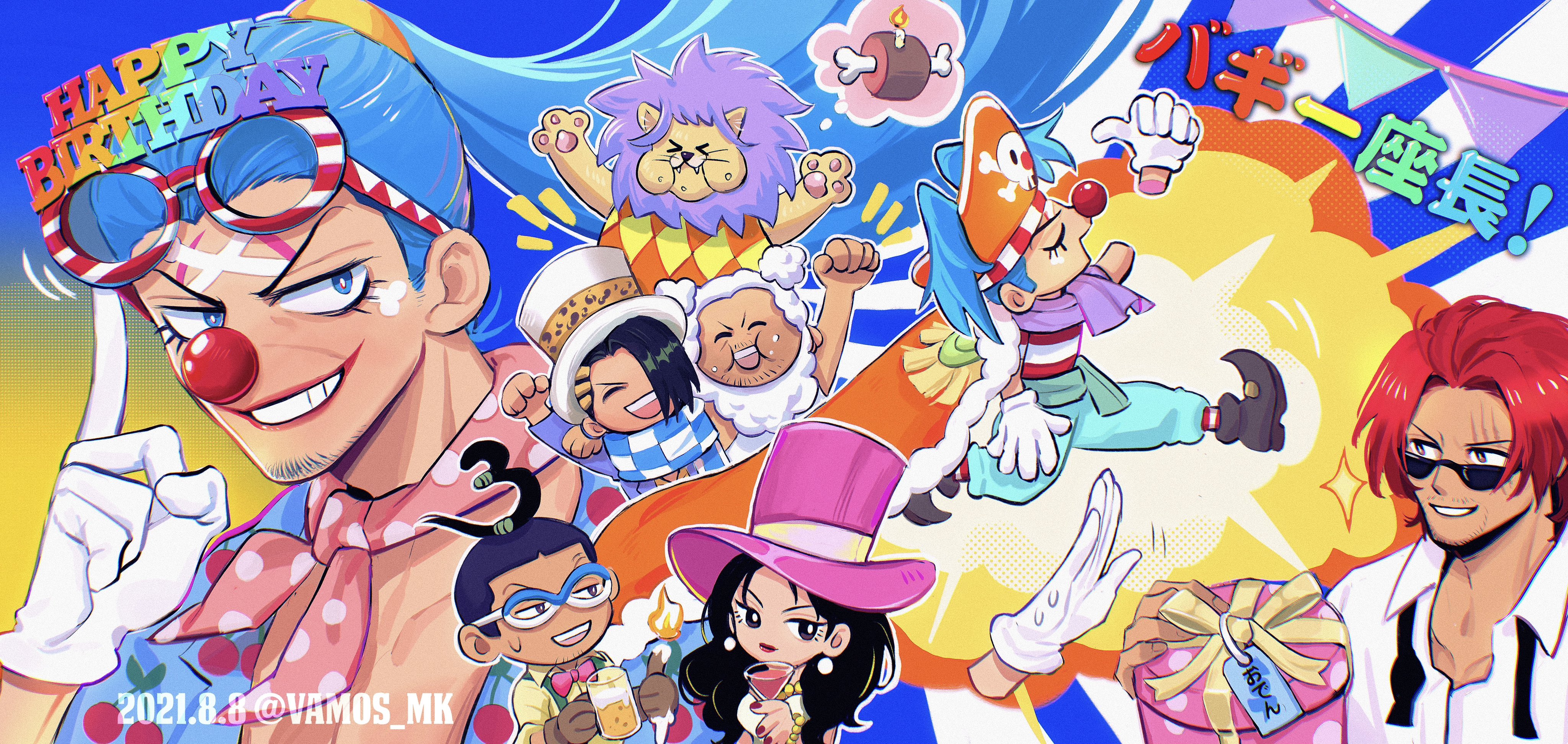 >_< 1girl 6+boys :3 absurdres adjusting_eyewear alvida_(one_piece) animal_hands animal_print aqua_pants argyle_clothes argyle_shirt arm_on_another's_shoulder arms_up artist_name bead_bracelet bead_necklace beads beard_stubble black_footwear black_hair black_necktie blue_background blue_eyes blue_hair boned_meat bow bowtie box bracelet breasts bright_pupils brown_eyes cabaji candle cape checkered_clothes checkered_scarf cherry_print closed_eyes closed_mouth clown_nose collarbone cup dated deformed devil_fruit_power dress_shirt drinking_glass earrings epaulettes explosion facial_hair fat fat_man food food_on_face food_print fruit_print galdino gift gift_box gloves goatee_stubble gradient_background green_sash grin hair_intakes hair_over_one_eye hand_on_another's_shoulder happy_aura happy_birthday hat highres holding holding_cup holding_gift jewelry jolly_roger lapels leopard_print lion long_hair meat mohji_(one_piece) multiple_boys neckerchief necklace necktie notched_lapels one_piece open_clothes open_mouth open_shirt orange_cape pants partially_unbuttoned pearl_earrings pennant pink_bow pink_bowtie pink_headwear pink_neckerchief pirate_hat pointy_footwear polka_dot_neckerchief ponytail purple_fur purple_scarf purple_shirt rainbow_text red_lips red_nose ribbon richie_(one_piece) round_eyewear sash scarf scrunchie shanks_(one_piece) shirt short_hair single_epaulette sleeveless sleeveless_shirt smile socks sparkle string_of_flags striped_background striped_clothes striped_shirt striped_socks stubble sweat thumbs_up top_hat twitter_username two-tone_eyewear upper_body vamos_mk white_gloves white_hair white_headwear white_pupils white_shirt wine_glass yellow_ribbon yellow_scrunchie