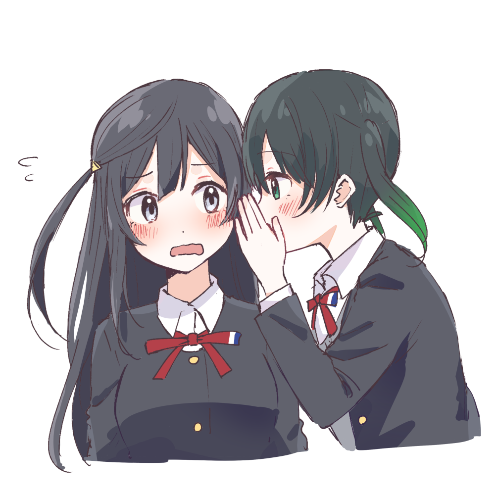 2girls black_hair black_jacket blush collared_shirt commentary_request cropped_torso embarrassed flying_sweatdrops gradient_hair green_eyes green_hair grey_eyes hair_ornament jacket long_hair love_live! love_live!_nijigasaki_high_school_idol_club multicolored_hair multiple_girls neck_ribbon nijigasaki_school_uniform one_side_up open_mouth ribbon school_uniform shirt sidelocks simple_background takasaki_yu watanabe_nako whispering whispering_in_ear white_background yuki_setsuna