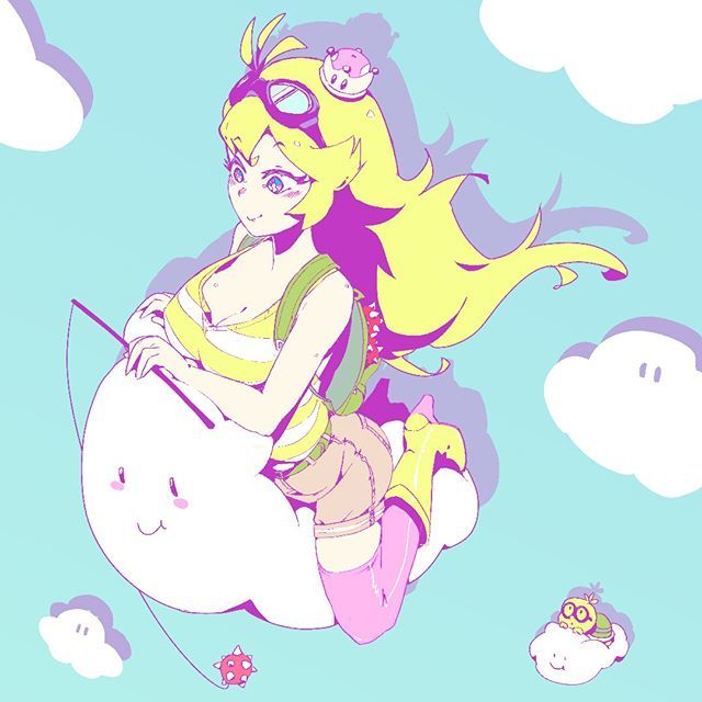 1girl artist_request backpack bag blonde_hair blue_eyes blue_sky boots breasts cleavage cloud day female_focus goggles goggles_on_head high_heel_boots high_heels lakitu large_breasts long_hair mario_(series) new_super_mario_bros._u_deluxe nintendo outdoors pants short_shorts shorts sky smile solo spiny_egg striped_tank_top super_crown tank_top thighhighs