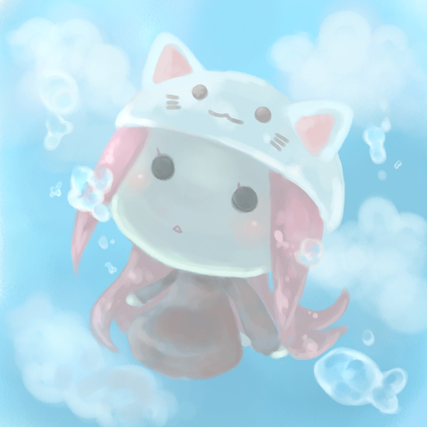 1girl animal_hat cat_hat chatarou chibi dress female_focus full_body hat megurine_luka megurine_luka_(toeto) solo toeto_(vocaloid) underwater vocaloid