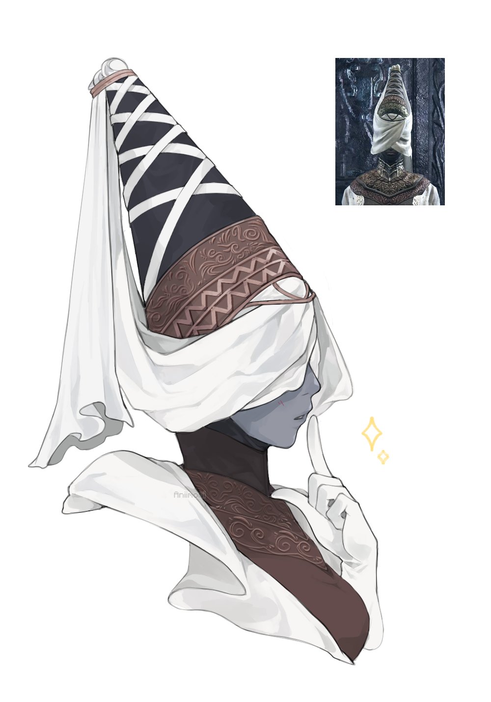 1girl aniimoni1 breasts colored_skin commentary elden_ring english_commentary game_screenshot_inset gloves grey_skin hennin highres index_finger_raised large_breasts parted_lips solo sparkle swordstress_(elden_ring) tall_hat white_gloves