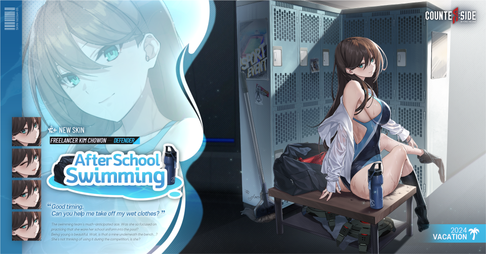 1girl ;d aqua_eyes ass back_cutout barcode beach bench black_bag black_socks bottle bracelet breasts brown_hair character_name clothing_cutout commentary competition_swimsuit copyright_name counter:side english_commentary english_text explosive multiple_expressions from_behind hair_behind_ear hair_between_eyes half-closed_eyes indoors jewelry kim_chowon large_breasts leg_up light_smile locker locker_room logo long_hair long_sleeves looking_at_viewer looking_back mine_(weapon) mop multiple_views off_shoulder official_alternate_costume official_art one-piece_swimsuit one_eye_closed open_clothes open_mouth open_shirt outdoors photo_(object) plantar_flexion poster_(object) promotional_art removing_legwear see-through_clothes see-through_shirt shirt sideboob sitting smile socks sports_bottle summer swimsuit tiptoes tumbler wet wet_clothes white_shirt wooden_bench