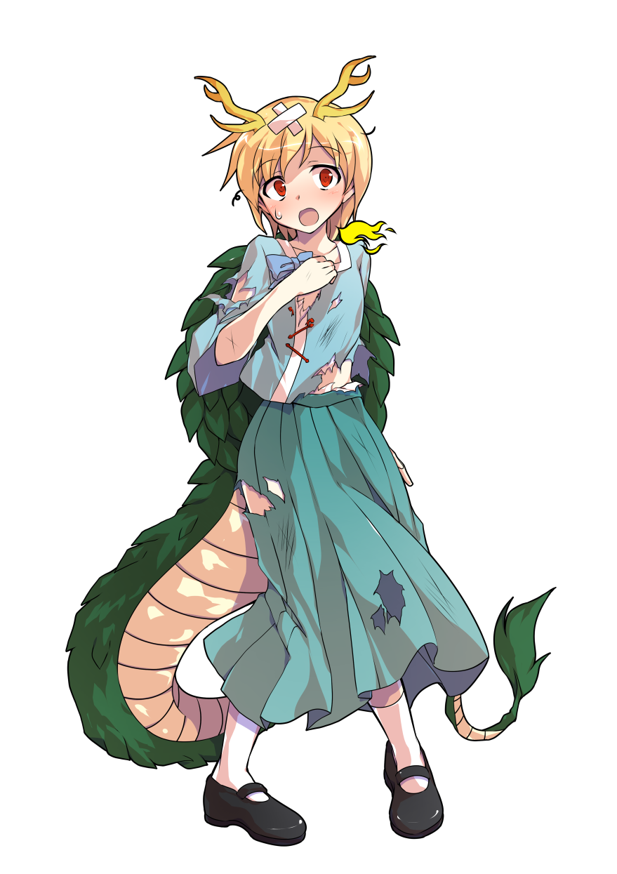 1girl alphes_(style) antlers aqua_skirt bandaid black_shoes blonde_hair blue_bow blue_shirt blush bow collarbone commentary_request dairi defeat dragon_girl dragon_horns dragon_tail full_body hand_on_own_chest highres horns kicchou_yachie large_variant_set long_skirt mary_janes parody pleated_skirt scratches shirt shoes short_hair skirt socks solo standing style_parody tachi-e tail torn_clothes torn_shirt torn_skirt touhou transparent_background turtle_shell variant_set white_socks