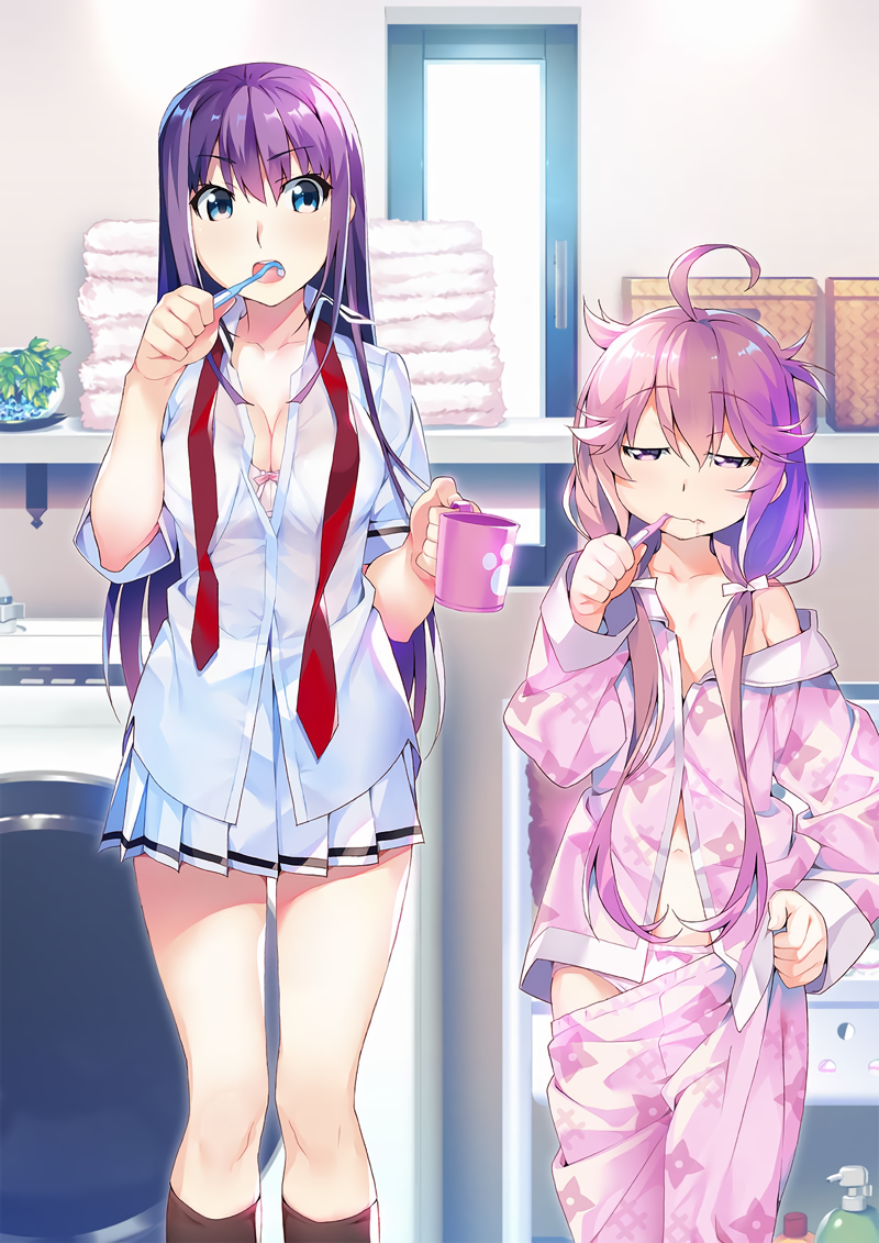 2girls ahoge blue_eyes bow bow_panties bra brushing_teeth clothes_pull cup drooling feet_out_of_frame fukami_rena grisaia_(series) grisaia_phantom_trigger hair_over_shoulder half-closed_eyes holding holding_cup holding_toothbrush ikoma_murasaki indoors laundry_basket long_hair long_sleeves messy_hair mouth_insertion multiple_girls navel off_shoulder official_art open_mouth pajamas panties pants pants_pull pink_eyes pink_hair pink_panties pleated_skirt purple_hair short_sleeves skirt standing toothbrush towel twintails underwear watanabe_akio