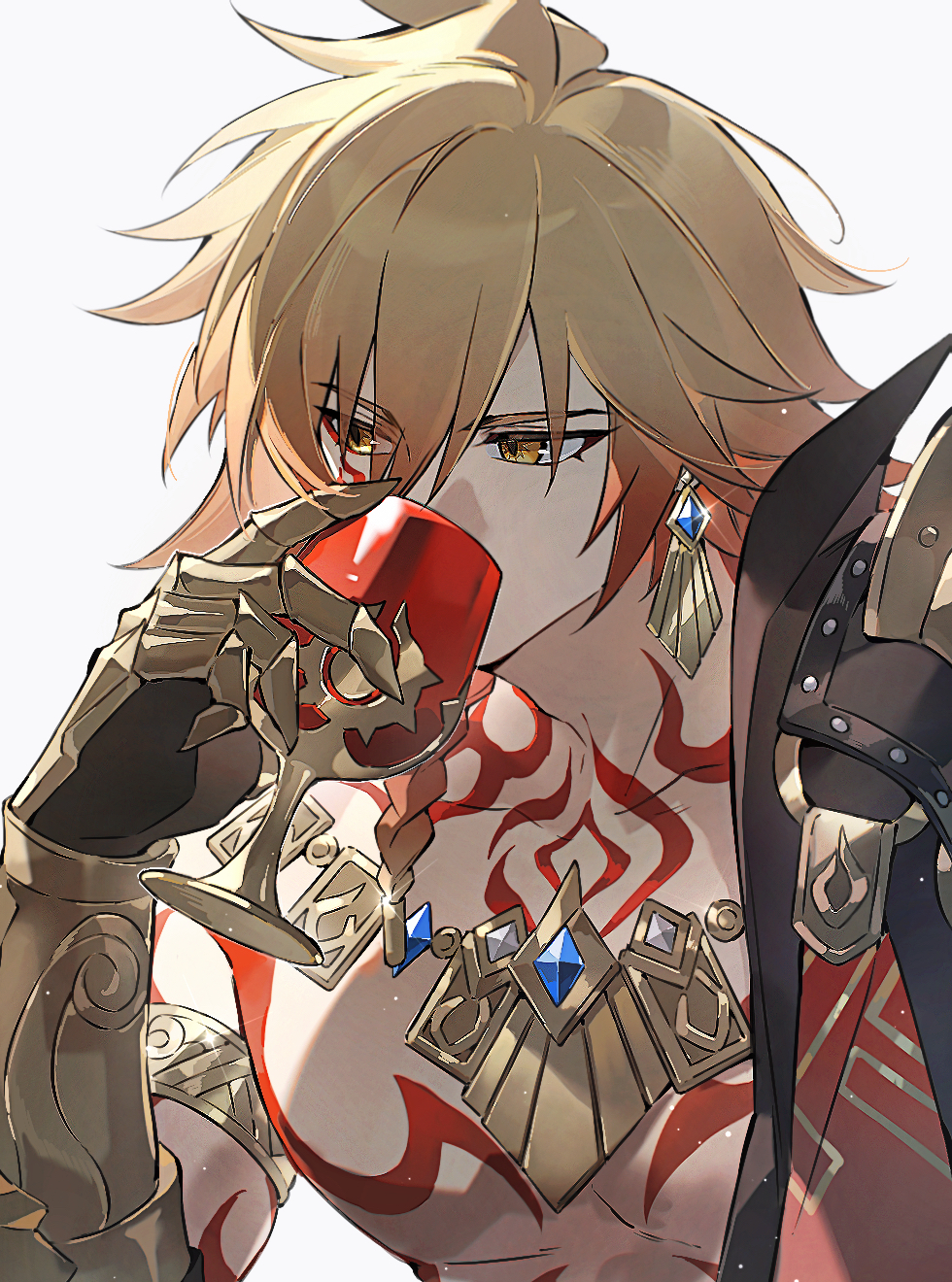 1boy arm_tattoo armlet bare_pectorals black_coat blonde_hair braid chest_tattoo clawed_gauntlets coat commentary cup earrings facial_tattoo gold_earrings gold_necklace gradient_hair hair_between_eyes highres holding holding_cup honkai:_star_rail honkai_(series) jewelry looking_to_the_side male_focus medium_hair multicolored_hair mydei_(honkai:_star_rail) necklace open_clothes open_coat osamu18568716 pectorals red_hair red_tattoo side_braid simple_background solo symbol-only_commentary tattoo white_background yellow_eyes