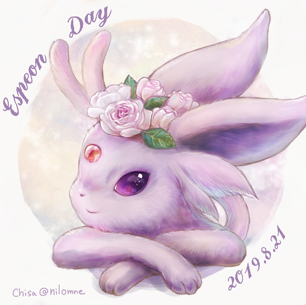 animal_focus closed_mouth dated espeon flower forehead_jewel gen_2_pokemon momomo12 nintendo no_humans pokemon pokemon_(creature) purple_eyes sidelocks smile solo