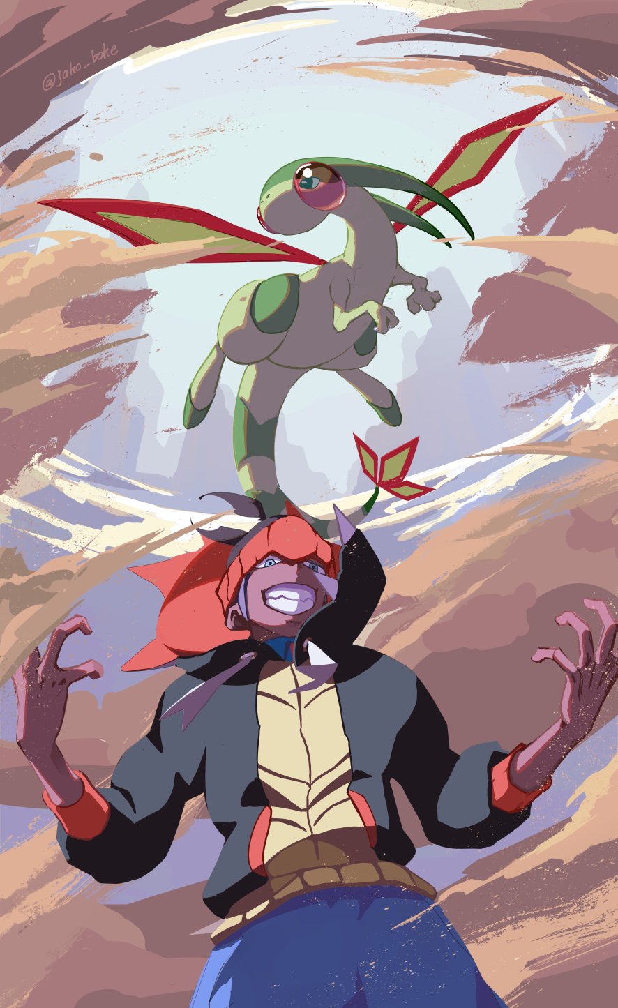 1boy black_hair black_hoodie commentary_request dark-skinned_male dark_skin flygon from_below gen_3_pokemon grin headband highres hood hoodie jako_(boke_poke) male_focus nintendo orange_headband pokemon pokemon_(creature) pokemon_swsh raihan_(pokemon) sandstorm short_hair shorts smile teeth twitter_username undercut