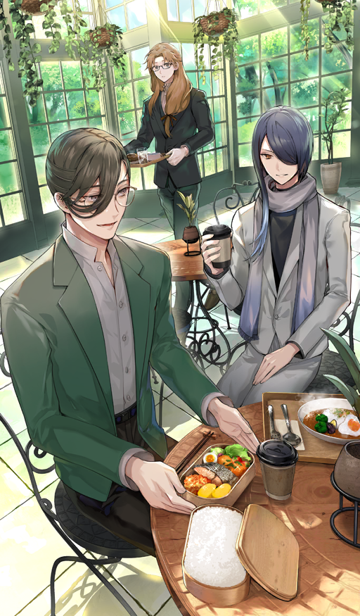 3boys belt belt_buckle bento black-framed_eyewear black_belt black_jacket black_shirt blazer blue_eyes brown_eyes brown_pants brown_ribbon buckle buttons chair chaldea_boys_collection chaldea_juukou_monogatari chiron_(fate) chopsticks closed_mouth collared_shirt commentary cup curtained_hair day disposable_coffee_cup disposable_cup dutch_angle eating fate/grand_order fate_(series) food food_request fork fried_egg glasses green_jacket green_pants greenhouse grey_jacket grey_pants grey_scarf hair_over_one_eye hair_ribbon hand_on_lap hanging_plant high_collar holding holding_bento holding_cup holding_food holding_tray indoors jacket lapels lid light_rays long_hair long_sleeves low-tied_long_hair lower_teeth_only male_focus multiple_boys notched_lapels official_alternate_costume official_art one_eye_covered open_clothes open_jacket open_mouth pants paracelsus_von_hohenheim_(fate) parted_bangs parted_lips partially_unbuttoned plant potted_plant rectangular_eyewear ribbon rice scarf semi-circular_eyewear shirt short_hair sitting smile sparkle spoon steam sunbeam sunlight table tcb teeth third-party_source tray tree turtleneck walking window yamanami_keisuke_(fate)