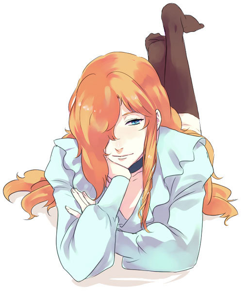 1boy androgynous black_socks blue_eyes choker closed_mouth collarbone full_body hair_over_one_eye head_rest kneehighs long_hair lying male_focus maraich_juschenfe on_stomach orange_hair patalliro! simple_background smile socks solo v-neck wavy_hair white_background zaki_(mzkpl2)